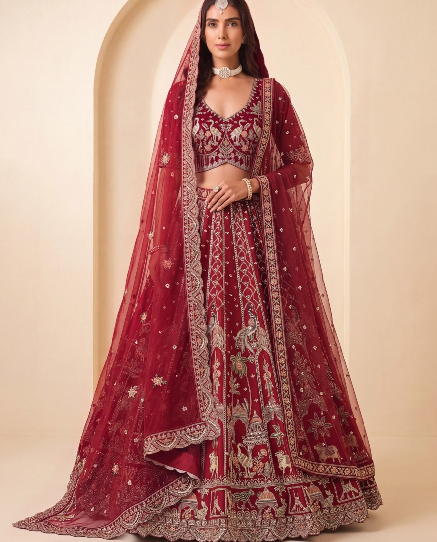 3073 - Silk Lehenga Choli In Red Colour
